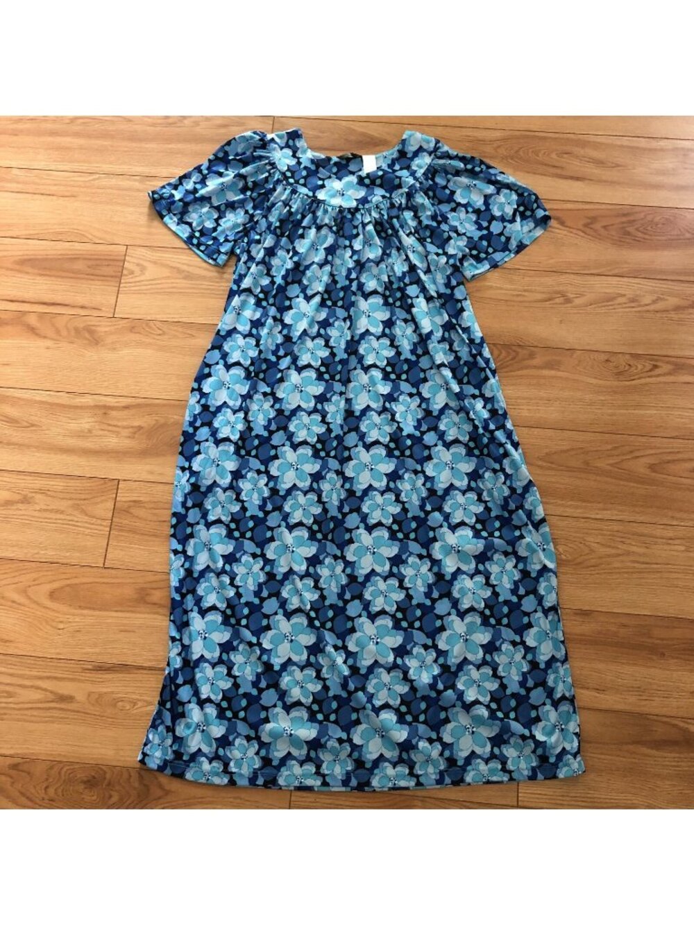 Casual Time Lounger Night Dress Size Large Floral Bright Blue Long "MuuMuu" EUC